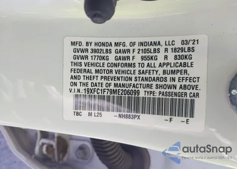 2021 Honda Civic Exl из США, поврежденный, VIN 19XFC1F79ME206099